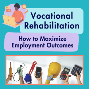 Vocational Rehabilitation. How to Maximize Employment Outcomes. A VR employee works on her computer. Image of hands holding up various work tools like a stethoscope, rolling pin, wrench, hard hat, etc.